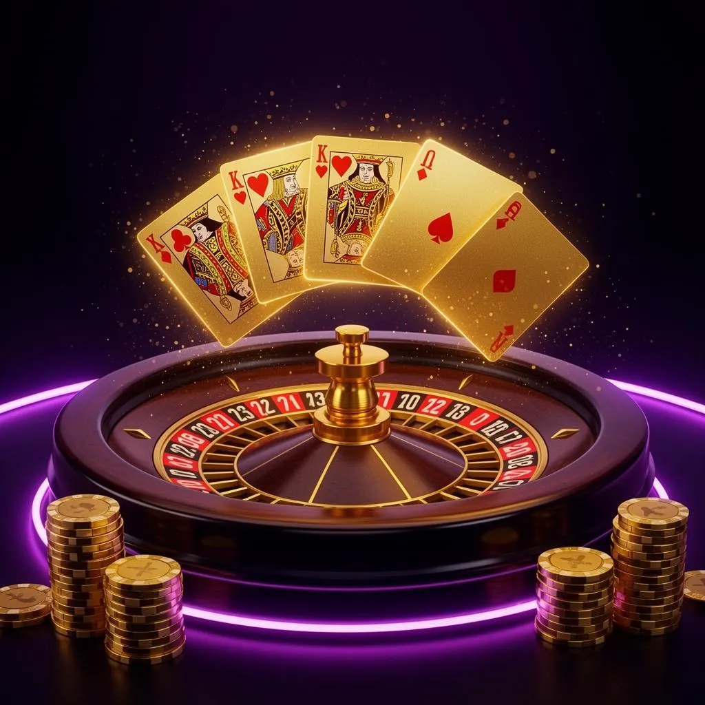Roulette wheel and playing cards representing casino games