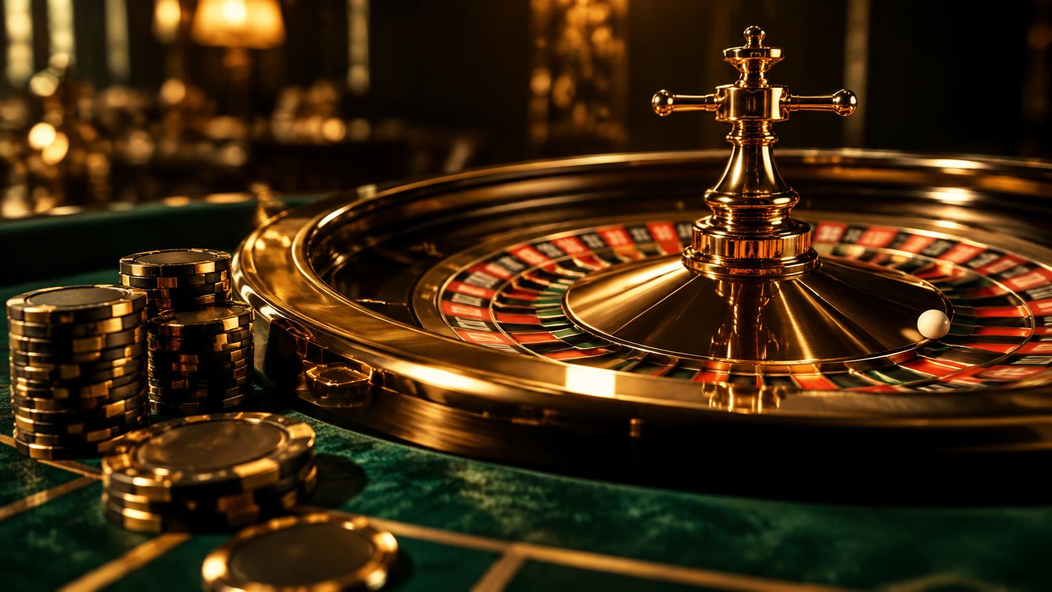Precision roulette wheel and casino chips on emerald felt